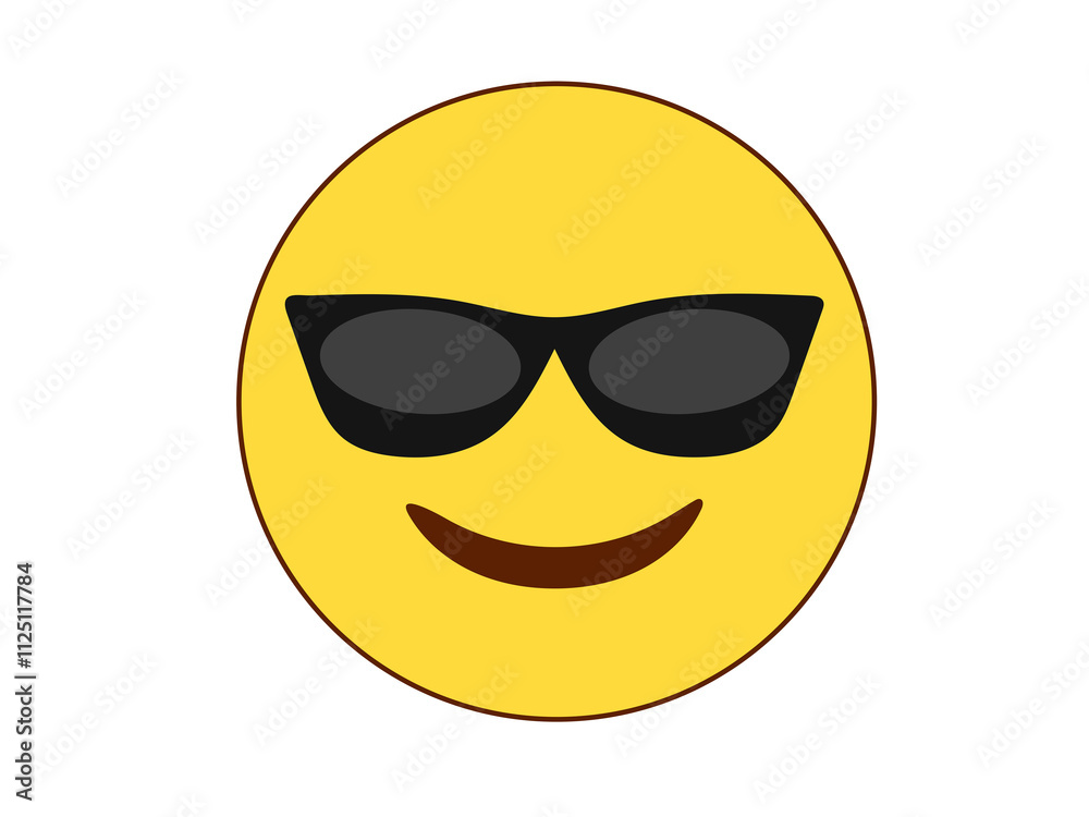 Yellow smiley face flat icon with black sunglasses Yellow smiley face flat icon with black sunglasses