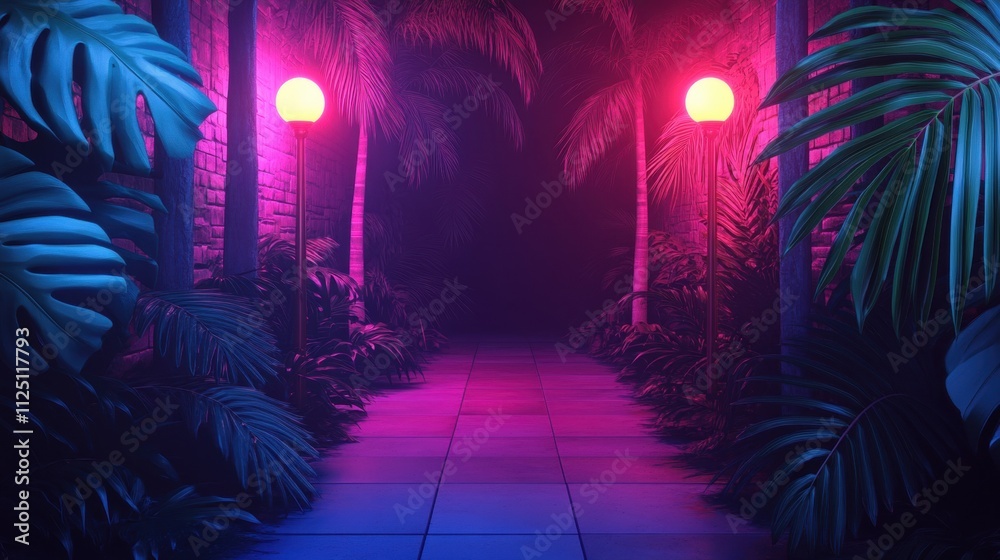 Fototapeta premium A vibrant neon-lit tropical walkway flanked by lush palm leaves and glowing lamps in pink and purple light.