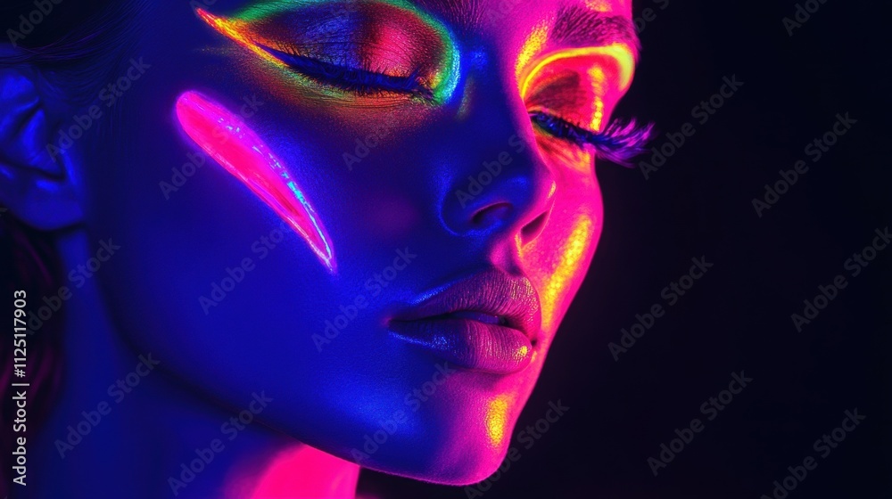 A close-up portrait of a young Caucasian female with vibrant neon face paint and illuminated features, exuding a mesmerizing glow. A close-up portrait of a young Caucasian female with vibrant neon face paint and illuminated features, exuding a mesmerizing glow.