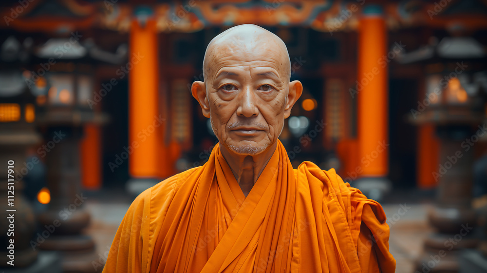 Naklejka premium Asian Monk with Bald Head – Cinematic Frontal Portrait in Temple Setting