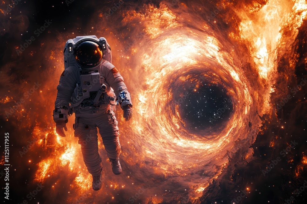 Astronaut floating in space near a vibrant, swirling cosmic vortex of stars and flames. Astronaut floating in space near a vibrant, swirling cosmic vortex of stars and flames.