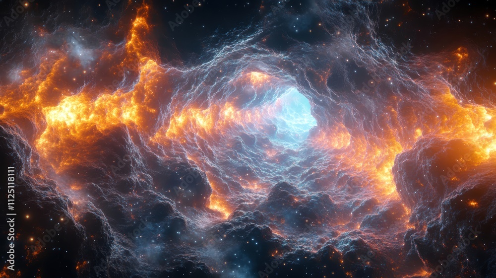 Stunning cosmic nebula with vibrant orange and blue hues swirling in the vast universe. Stunning cosmic nebula with vibrant orange and blue hues swirling in the vast universe.