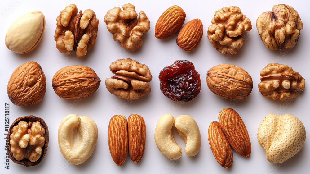 variety of nuts and dried fruits arranged on white background, showcasing almonds, walnuts, and cashews. This colorful assortment is perfect for healthy snacking variety of nuts and dried fruits arranged on white background, showcasing almonds, walnuts, and cashews. This colorful assortment is perfect for healthy snacking