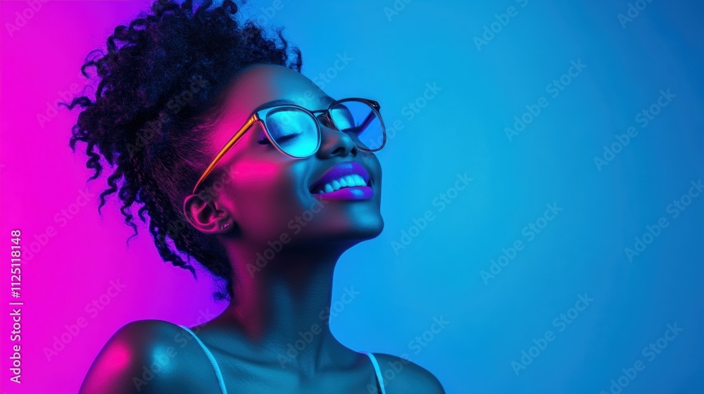A smiling Black woman with curly hair wearing stylish glasses, surrounded by vibrant blue and pink light. A smiling Black woman with curly hair wearing stylish glasses, surrounded by vibrant blue and pink light.