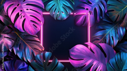 Vibrant tropical leaves artistically frame a glowing neon square, perfect for summer-themed designs.