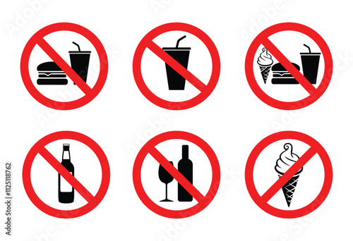 classic simple various no food eating or drinks drinking alcohol allowed prohibited in red circle signs set vector on transparent background