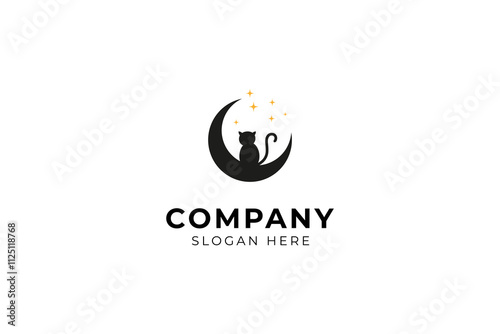 silhouette of a cat sitting on a crescent moon enjoying the universe vector line icon crescent cat logo design in flat style line black color