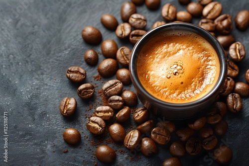 Rich Aromatic Espresso with Coffee Beans on Dark Textured Surface