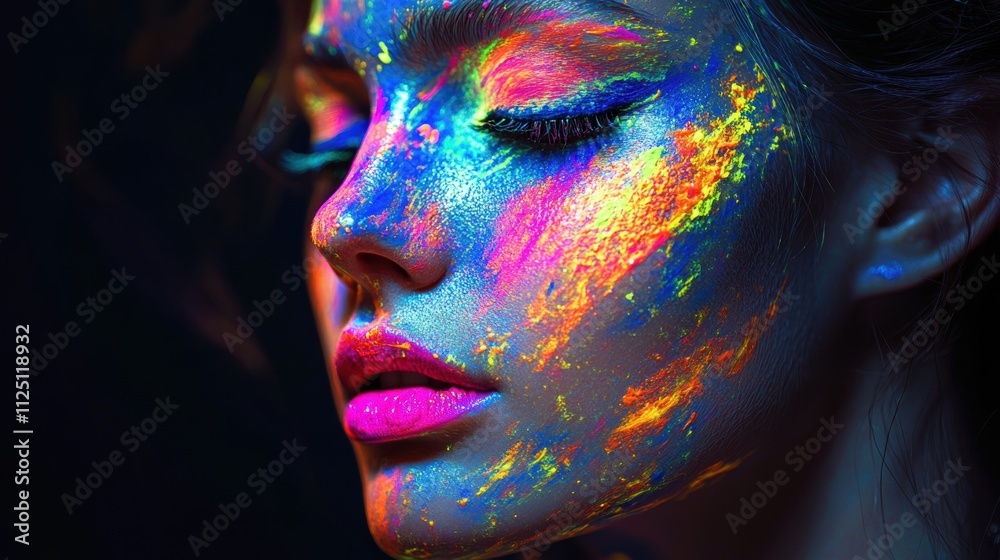 Obraz A close-up portrait of a young Caucasian woman with vibrant neon face paint, showcasing bold colors and artistic expression.