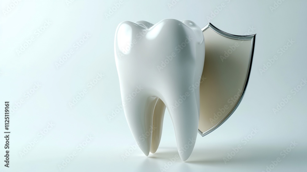 Healthy tooth protected by shield. A 3D model of a white tooth with a shield superimposed on it, highlighting dental care and oral hygiene. Healthy tooth protected by shield. A 3D model of a white tooth with a shield superimposed on it, highlighting dental care and oral hygiene.