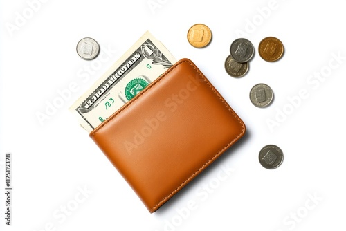 A playful illustration of a wallet with flying dollar bills and coins, symbolizing spending, set on a white background photo