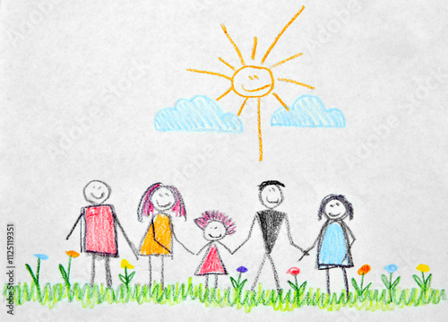Children's drawing with coloured pencils on paper. Happy and cheerful family grandfather, grandmother, parents and child holding hands, standing on a meadow with flowers