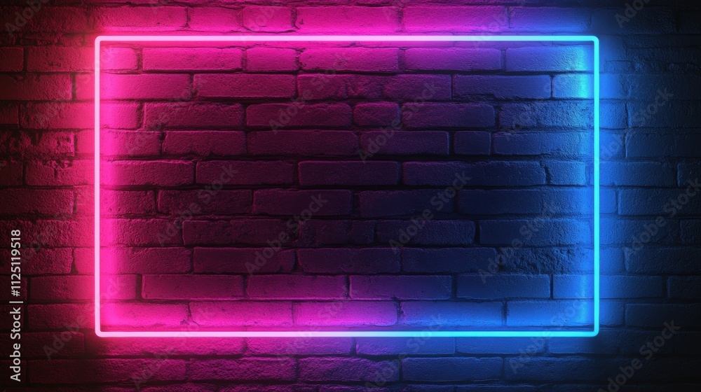 Vibrant neon light frame in pink and blue illuminating a textured brick wall. Vibrant neon light frame in pink and blue illuminating a textured brick wall.