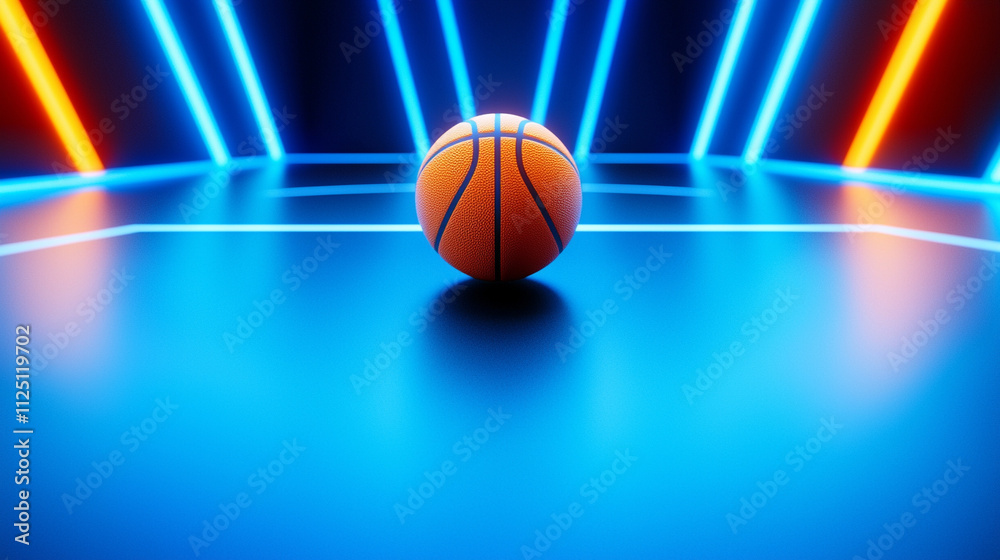 Obraz premium Basketball on neon-lit court, vibrant colors highlighting the sport's energy and excitement, perfect for sports themes.
