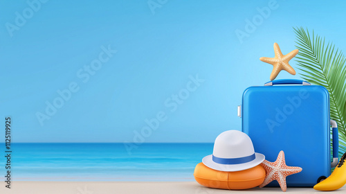 Beachside scene with suitcase, hat, starfish, and palm leaves, perfect for vacation themes and summer travel concepts. photo