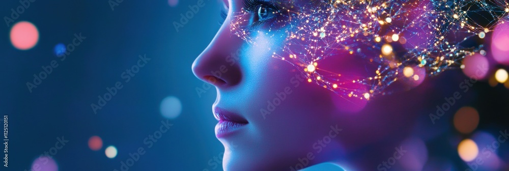 Digital face with neural connections and bright colors. Digital face with neural connections and bright colors.