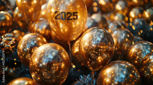 Golden balloons with the inscription "2025" on a bokeh background, real photo.