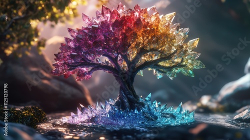 Rainbow crystal tree in mystical forest.