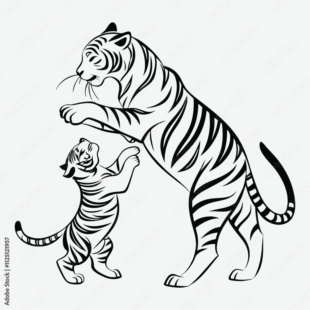 Obraz premium two-tiger-calf playing silhouette illustration and artwork