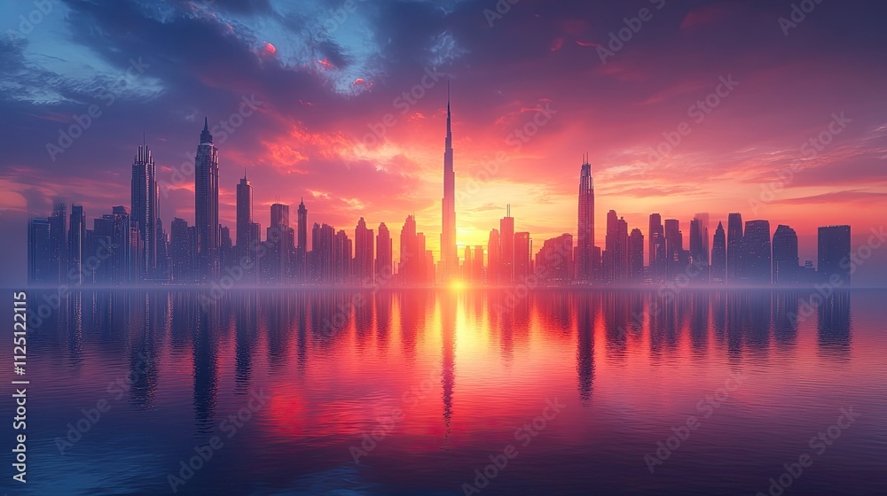 On-hand 3D idea background of Dubai City. United Arab Emirates' breathtaking metropolis skyline at dawn, with opulent buildings On-hand 3D idea background of Dubai City. United Arab Emirates' breathtaking metropolis skyline at dawn, with opulent buildings