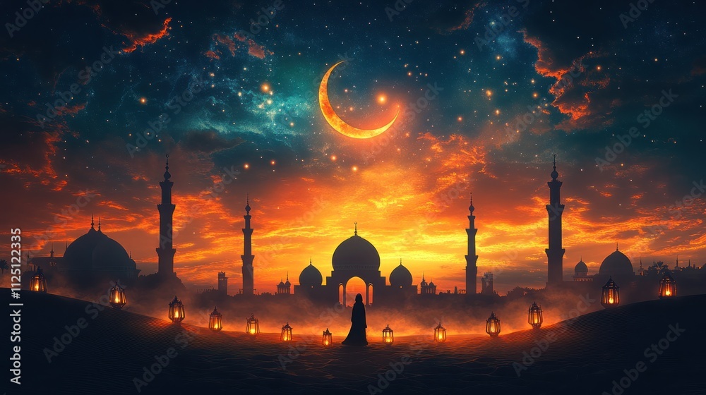 Obraz premium Silhouette of person praying at sunset with mosque and crescent moon.