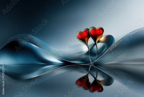 a serene valentine’s day composition featuring two intertwined red hearts on elegant golden stems, set against flowing blue abstract waves and their perfect reflections in a tranquil scene photo