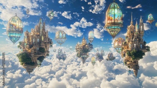 Fantasy floating islands, castles, and stained-glass hot air balloons in a dreamy sky. photo