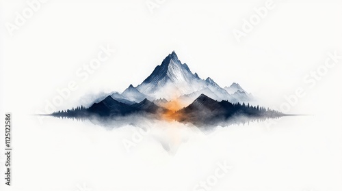 Abstract mountain silhouette, minimalist ink drawing with high-detail shading, snow-covered peaks, modern minimalist art print, ultra-realistic, photo-realistic, highly detailed, 