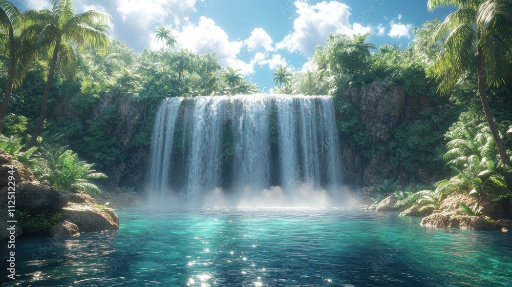 Lush tropical waterfall cascading into a vibrant turquoise pool, surrounded by vibrant green foliage under a bright sunny sky. Lush tropical waterfall cascading into a vibrant turquoise pool, surrounded by vibrant green foliage under a bright sunny sky.