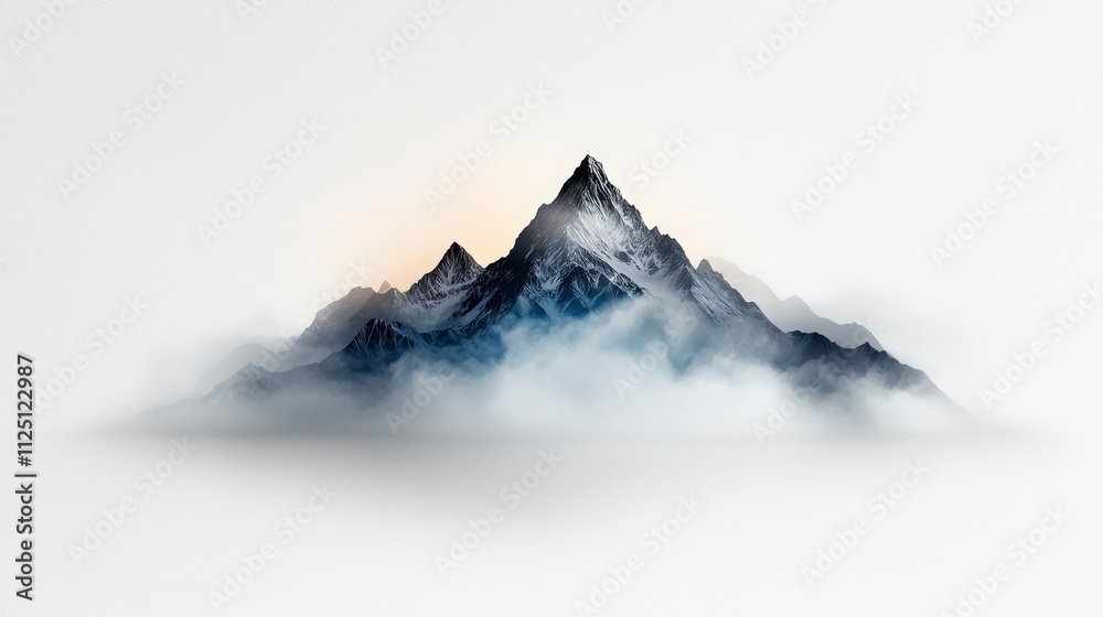 Fototapeta premium Minimalist snow-capped mountain silhouette in gray tones, peaceful abstract nature design, calming ink drawing on white canvas, ultra-realistic, photo-realistic, highly detailed, 