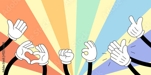Clapping hands in vibrant groovy doodle style. Hands giving thumbs up and applauding, symbolizing appreciation and success. Cheerful hand drawn vector celebrating achievement and positivity