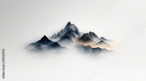 Tranquil abstract snow-covered mountain line drawing, minimalist style, clean white background, black and gray high-contrast art, ultra-realistic, photo-realistic, highly detailed, 