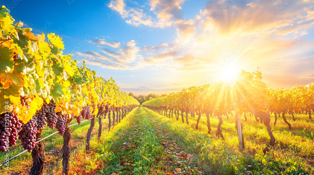 Fototapeta premium Golden autumn vineyard with rows of vines and harvest-ready grapes under a bright blue sky