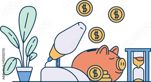 A cartoonish drawing of a piggy bank with a bunch of coins in it