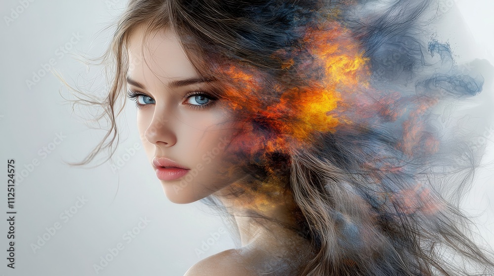 Fototapeta premium Thoughtful young woman’s portrait with a double exposure effect, her introspective expression overlaid with a swirling vortex of color, evoking emotional depth and surreal beauty in fine detail. 