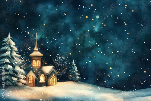 Merry Christmas greeting card: beautiful Christmas night with snow and stars, a small church in the woods, a watercolor illustration