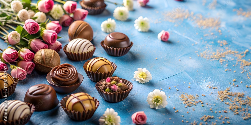 Delightful assortment of chocolates arranged beautifully with fresh flowers on a blue background Delightful assortment of chocolates arranged beautifully with fresh flowers on a blue background
