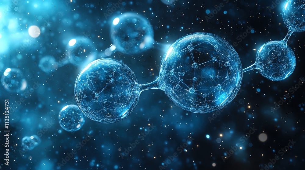 Abstract blue glowing spheres connected by lines, representing molecular structure or network. Abstract blue glowing spheres connected by lines, representing molecular structure or network.
