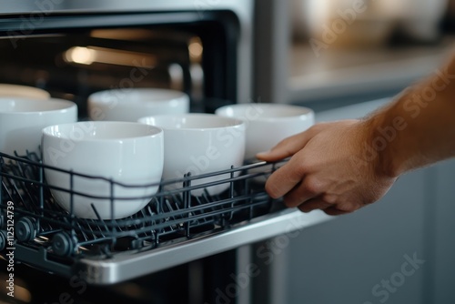 An artistic portrayal of hands transferring white cups into a dishwasher, emphasizing care in cleaning while highlighting modern kitchen functionality and aesthetics. photo