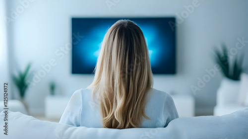 A woman accesses OTT content on her home smart TV.