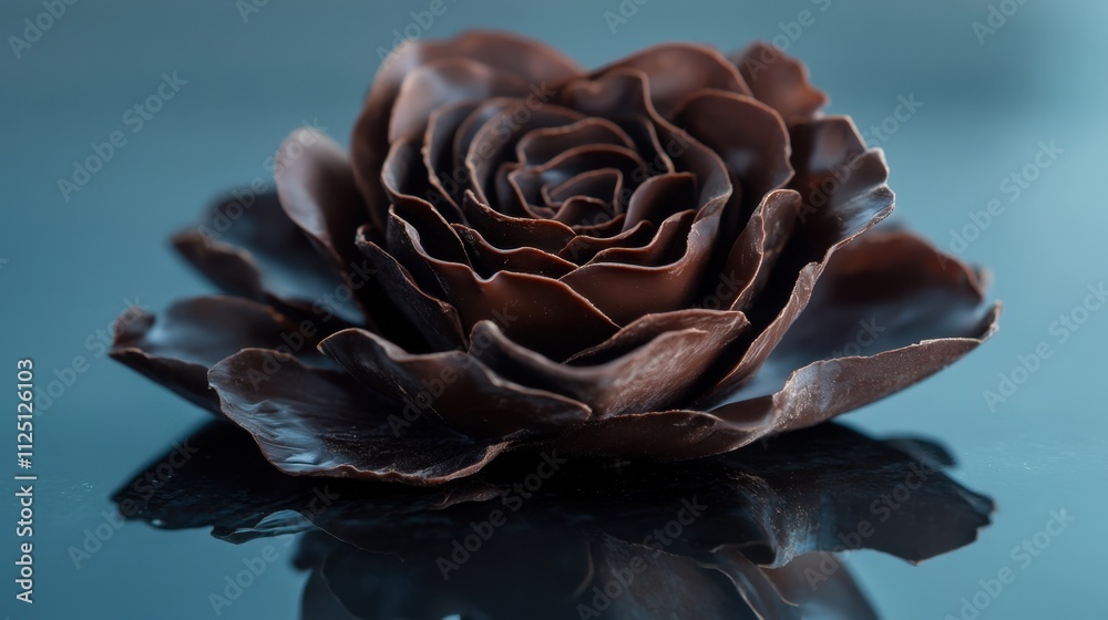 Fototapeta premium A chocolate rose on a reflective glass surface, detailed petals and a seamless backdrop