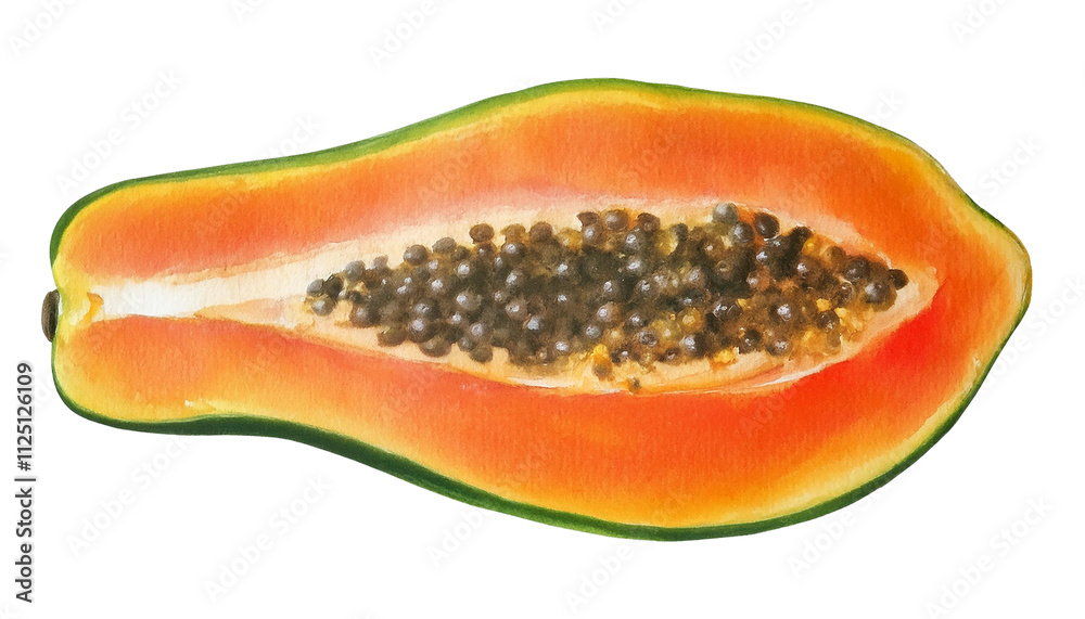 Ripe Papaya Fruit Halved Tropical Food Seeds Orange Watercolor Painting