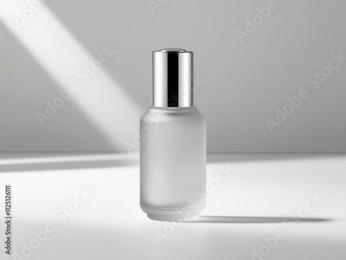 Elegant frosted glass bottle with a silver cap, set against a soft light background, ideal for product showcasing.