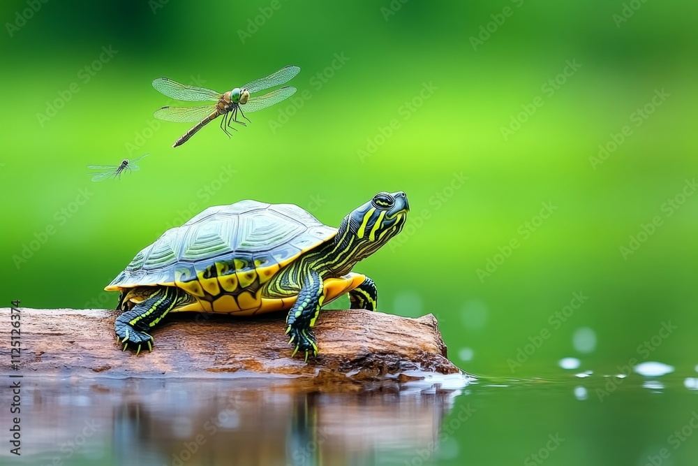 A turtle resting on a log in a quiet pond, with dragonflies hovering above and ripples in the water below A turtle resting on a log in a quiet pond, with dragonflies hovering above and ripples in the water below