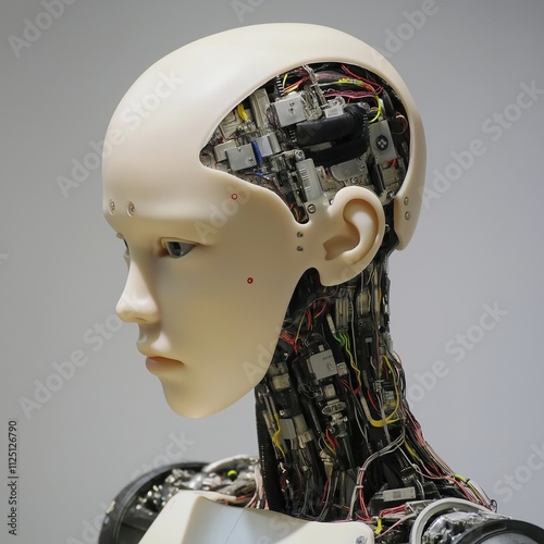 A detailed view of a robot head showcasing intricate wiring and artificial intelligence components. photo