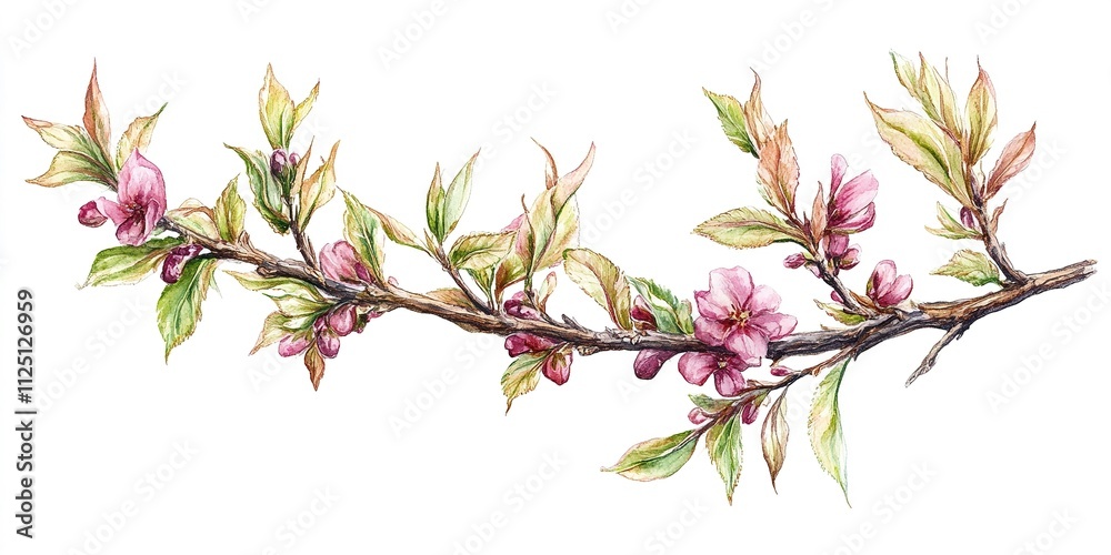 Delicate cherry blossom branch showcasing vibrant pink flowers and fresh green leaves during the spring season Delicate cherry blossom branch showcasing vibrant pink flowers and fresh green leaves during the spring season