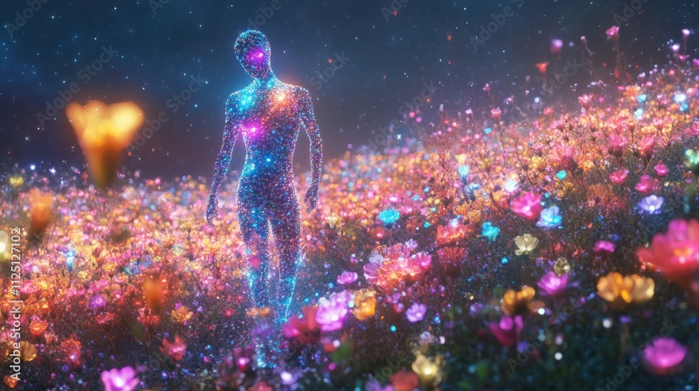 Glowing man walking through vibrant, colorful field of flowers at night. Glowing man walking through vibrant, colorful field of flowers at night.