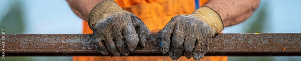 A worker holds a metal bar, showcasing rugged hands in gloves, emphasizing manual labor and dedication to craftsmanship in a construction setting. A worker holds a metal bar, showcasing rugged hands in gloves, emphasizing manual labor and dedication to craftsmanship in a construction setting.