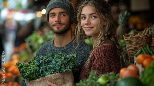 Young couple shopping at farmer market, smiling and enjoying fresh produce. vibrant atmosphere showcases various fruits and vegetables, creating joyful experience