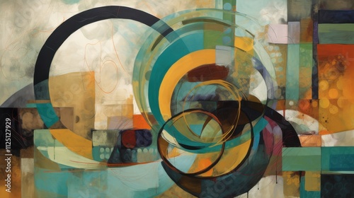 Abstract artwork with teal, gold, and brown circles and geometric shapes.